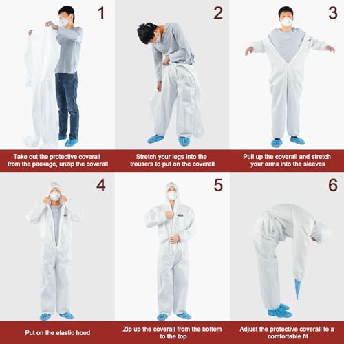 Hazmat Suit Disposable coveralls | Full Body Protective Suits in 7 Sizes with Multiple Specifications With Hood, Large, White, 1 - 5