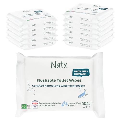 Naty Flushable Baby Wipes | 98% Water, Hypoallergenic & Natural for Sensitive Skin | Unscented, Fragrance-Free, Plant-Based | Plastic-Free, Water-Degradable | Newborn & Toddler | 504 Count (12 Packs)