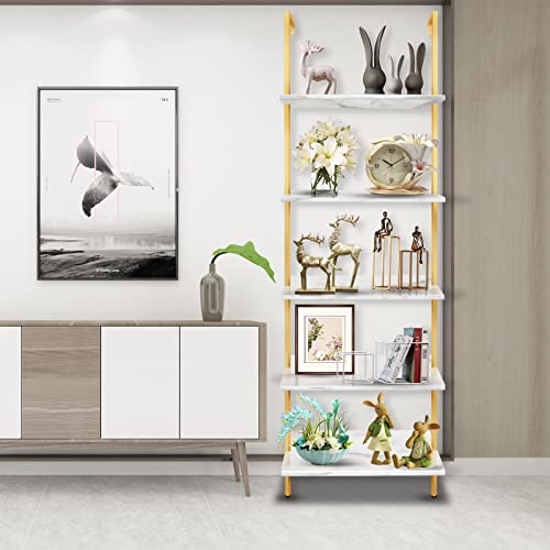 Wolawu 5 Tiers Ladder Shelf White Marble Modern Bookshelf Open Tall Wall Mount Bookcase Standing Leaning Wall Shelves Industrial Decorative #TOP1
