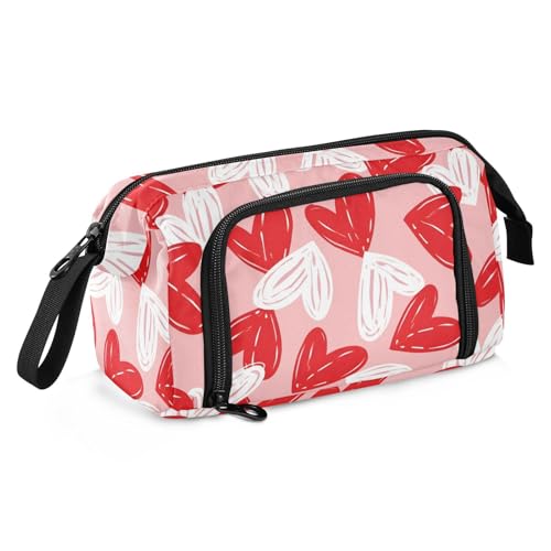 Image of Bolaz Big Capacity Pencil Pen Case Pouch Bag School College Office Organizer for Teens Girls Adults Student-Valentine's Day Red White Hearts on Pink