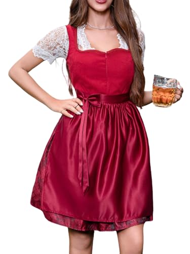 PLWEDDING Dirndl für Damen 3 Teilig Dirndl-Kleid Burgunderrot...