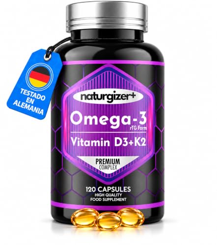 Omega 3 Vitamina D3 y K2 MK7, Vitamina D y Omega 3 rTG, EPA y DHA 1000 mg | Complex 3 en 1: 600 mg EPA + 400 mg DHA y Vitamina D3 2000 UI + K2 100 µg por dosis. 120 cápsulas para 60 días, sin gluten