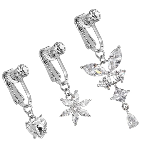 ElevateTech 3 Pcs Fake Belly Piercing Fake Belly Rings Fake Belly Button Rings Clip-On for Women Earrings Diamond Non Piercing Fake Belly Dangle Heart Non-Piercing Jewelry