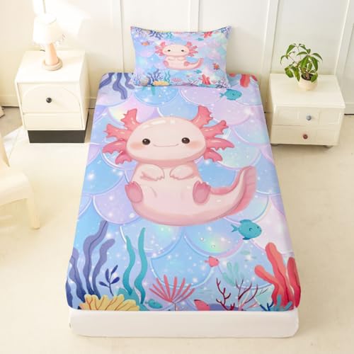 Image of jejeloiu Cute Axolotl Bed Sheets Set Twin Size Kawaii Ocean Sealife Bed Set for Kids Boys Girls Cartoon Salamander Deep Pocket Fitted Sheet Reptile Animal Breathable Soft Lightweight Microfiber