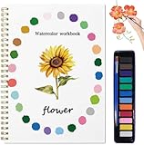 Watercolor Workbook, Water Coloring Book, 12 Different Patterns of Original DIY Designs, 12 Colors Watercolor Paint Set with Palette and Brush, Beginner-Friendly Watercolor Workbooks（Flower）