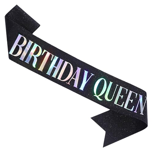 MGJSRNH 'Birthday Queen' Sash for Women,Black Glitter Satin Multicolour Foil Sash,Happy Birthday Princess Party Decorations 16, 18,21,30,40,50 or Any Other Bday Party
