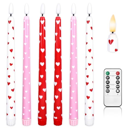 Whaline 6Pcs Valentine's Day LED Flameless Candles Pink Red White Heart Battery Operated Taper Candles with Remote for Wedding Anniversary Party Home Table Decor