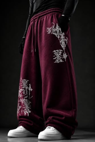 Image of Aesthetic Gothic Wide Leg Pants for Men | Tribal Print Baggy Streetwear | Oversized Track Pants with Elastic Waist | Black and White Relaxed Fit Bottoms