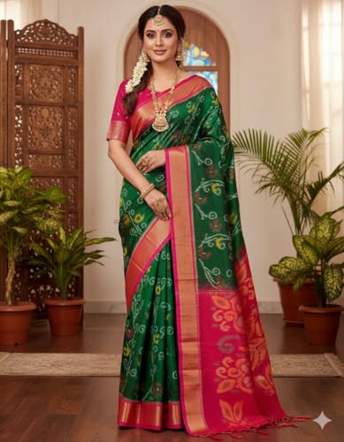 Image of AYYAPPASILK Women's Exclusive Ikkat Silk Saree for Designer Border with Contrast Blouse