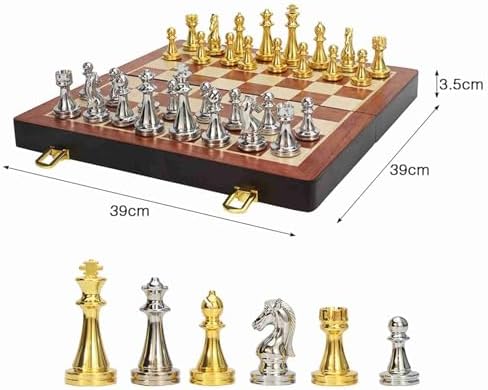 Travel Chess Set Gold Silver Metal Chess Pieces Folding Wooden Chess Board