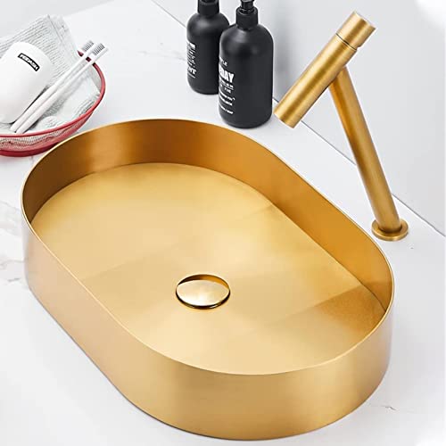Xyqsby Single Bowl Bar Counter Kitchen Sink Golden Oval 304 Stainless Steel Bathroom Sink With Drain Pipe Countertop Installation Suitable For Bathroom, Bar, Hotel (Color : Gold, Size : 55X35X10Cm) #TOP1