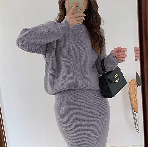 Image of chouyatou Women's Two Piece Sweater Skirt Sets Knit Sweater Top Bodycon Skirt 2 Piece Outfits
