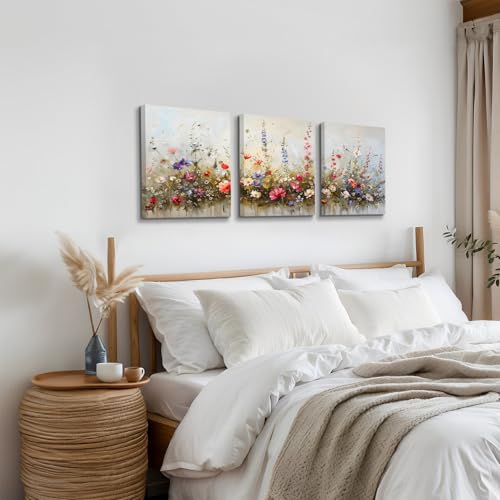SERIMINO Nature Floral Botanical Wall Art Prints Aesthetic Farmhouse Decor, Misty Flowers Modern Home Decor Paintings, 3 Piece Canvas Wall Art for Living Room Bathroom Bedroom 12"X16"