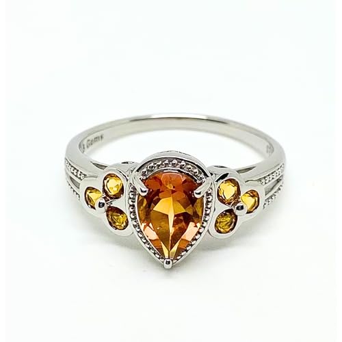 Image of 925 Sterling Silver Ring Genuine Gems Pear Shape 9x6 mm with Bezel-set Accented Gems, Rhodium-Plated Finish