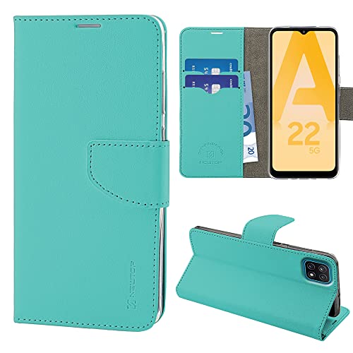 N NEWTOP Cover Compatibile con Samsung Galaxy A22 5G, HQ Lateral Custodia Libro Flip Chiusura Magnetica Portafoglio Simil Pelle Stand (Turchese)