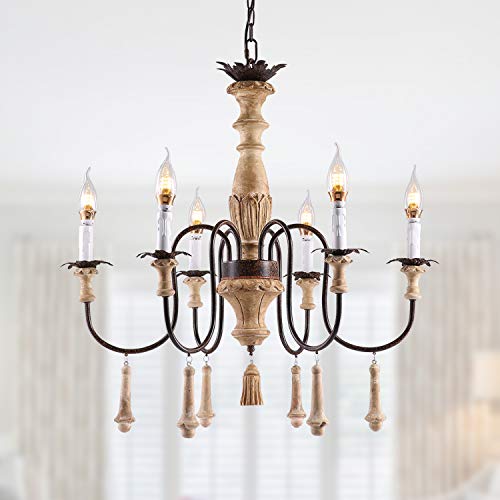 NOXARTE French Country Chandelier Farmhouse Wood Candle Pendant Light 6 Arms Rustic Ceiling Light for Dining Room Foyer Bedroom