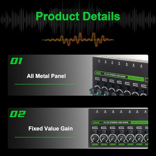 Fafeicy Mezclador De Audio De 10 Canales Estéreo Mono Con Control Volumen Independiente Entrada Salida 6.35mm DC 5V (9damfeingo-12)