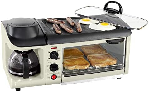 Nostalgia 3-in-1 Breakfast Station - Includes Coffee Maker, Non-Stick Griddle, and 4-Slice Toaster Oven - Versatile Breakfast Maker with Timer - Cream