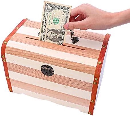 Willcomes Wooden Money Storage Box Treasure Chest Piggy Bank Handmade Jewelry Organizer with Lock and Two Keys