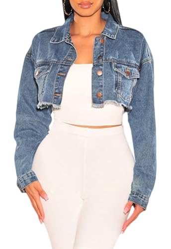 Image of YouSexy Cropped Denim Jackets for Women Long Sleeve Destroyed Wash Jean Jackets