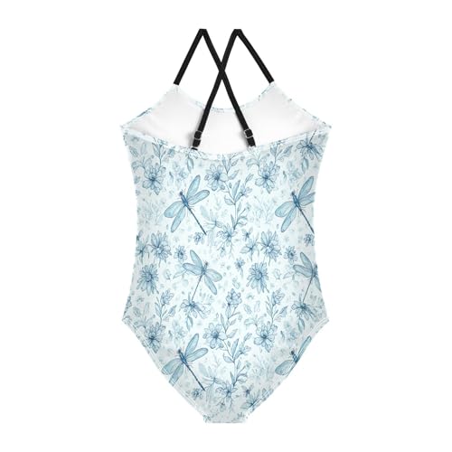 Dragonflies Flowers Blue Child Girl Swimsuit, Beach Swimwear 3-10 Y with Adjustable Shoulder Strap, 3-10 Y2