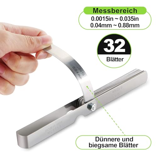 Spurtar 32 Klinge Fühlerlehre Universal Dickenmesser Edelstahl Metrisch/Imperial Gap Gauge für die Messung der Spaltbreite/Dicke/Metrische Größen - 0.04-0.88mm