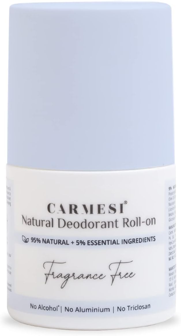Carmesi Natural Underarm Roll On Deodorant for Women | 95% Natural + 5% Essential Ingredients | For Fresh Underarms All Day | No Alcohol & Aluminium | Fragrance Free | 50 ml