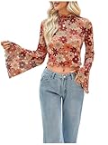 BEAUDRM Women's Y2K Floral 70s Top Hippie Shirt Sheer Mesh Tee Shirt Disco Long Bell Sleeve T Shirts Crew Neck Boho Crop Tops Multi Orange Large