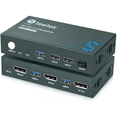 USB3.0 KVM Switch DisplayPort 2 Port,4K@60Hz,USB3.0,DP 1.2,DP KVM 2 PC 1 Monitor Switch,Displayport Switch,mit Kabel,Button Switch,mit Kabel,Metallschale Cover