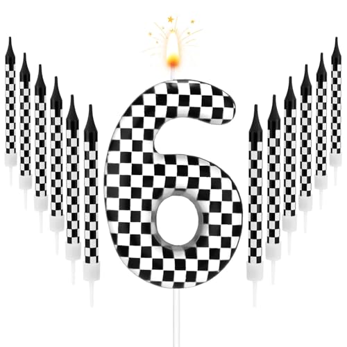 13pcs Racing Cars Birthday Candles, Black and White Checkered Candles Birthday Number Candle Cake Topper for Boys Kids Baby Shower Racing Car Theme Party Decoration Supplies (Number 6)
