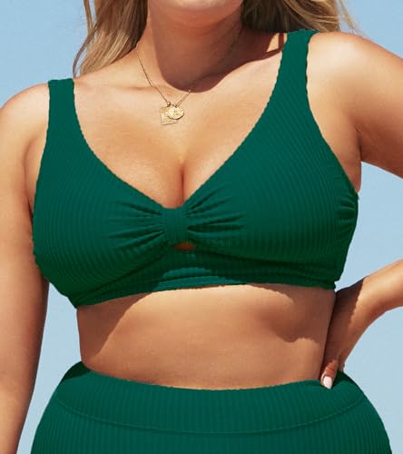 CUPSHE Women Swimsuit Plus Size Bikini Top Ribbed Texture Knotted Front Fixed Wide Straps No Bottom3