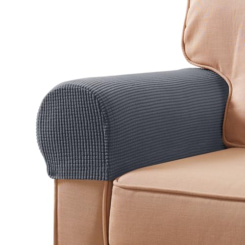 SUBRTEX Stretch Couch Arm Covers Set of 2, Checkered Sofa Arm Slipcovers, Anti-Slip Armrest Covers for Recliner and Armchairs, Pet Proof, High Stretchy, Hook & Loop Tape, Gray