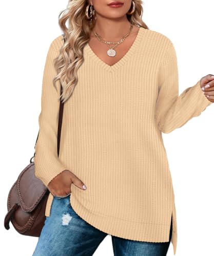 Image of RITERA Plus Size Women Sweaters Waffle Knit Pullover Top Long Sleeve Casual Crewneck Shirt Loose Split Hem Fall Winter Blouse