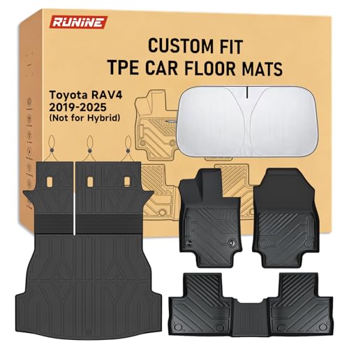 Runine Floor Mats for Toyota RAV4 2019-2023 2024 2025 (Not for Hybrid) All Weather Protection Custom Floor Mats Trunk Cargo and Car Windshield Cover Set for Car Accessories Car Floor Liners Set