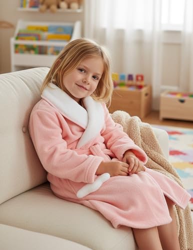 JiAmy Mädchen Bademäntel aus Coral Fleece Kuschelflanell Kuschelweiche Kinderhausmäntel für 4-12 Jahren
