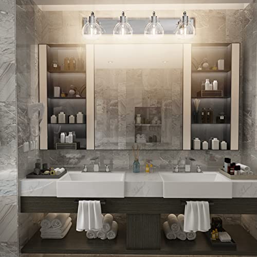 Image of Tipace Chrome Modern Bathroom Vanity Light Fixtures Over Mirror Glass Globe 4 Lights Stainless Steel Vanity Lights Farmhouse Bath Lighting(Exclude Bulb)