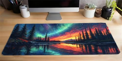 Tapis de Souris, Tapis de Souris Gamer 700x300, Haute Précision et Vitesse sous Main Bureau, Base en Caoutchouc Antidérapant, Accessoire Bureau pour Portable PC (Aurores boréales Les Arbres) I-103 – vue 2