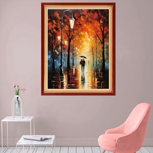 Image of Foxhool Stamped Cross Stitch Kits,11CT Printed Cross Stitch Pattern Full Embroidery Kits for Beginner Needlepoint Kits-Couples Strolling on Rainy Nights 16x20 inch