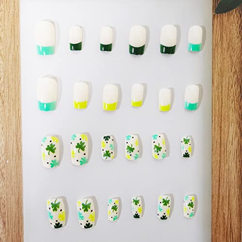 St. Patrick\'s Day Press on Nails Shamrocks Fake Nails Short Square Design False Nails with Green Leaf Stick on Nails French Full Cover Fake Nails Almond Artificial Acrylic Nails for Women Girls 24Pcs