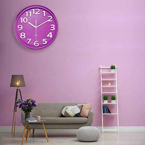 Plumeet 13'' Large Wall Clock, Non-Ticking Silent Quartz Decorative Clocks, Modern Style Good for Home Kitchen Living Room Bedroom Office, Big 3D Number Display, Battery Operated (Purple)