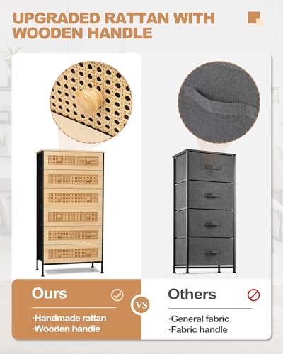 Crestlive Products Rattan Dresser Storage Tower, Tall Fabric Dresser, Chests of Drawers, Wood Top - Organizer Unit for Bedroom, Hallway, Entryway, Closets (Natural, 6 Drawers)