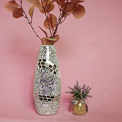 Commoda Tall Handmade Mosaic Crackle Glass Decorative Vase House Decor Table Centerpieces Modern Gifts For Home Decor Holiday Anniversary Celebration 16Inch (Stylor) (Silver) #TOP6