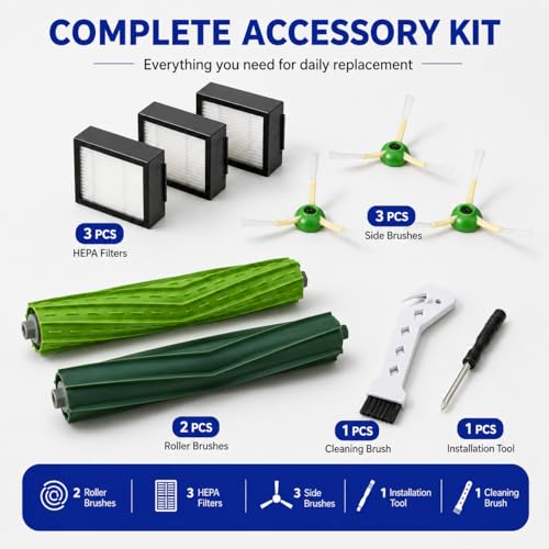 Image of Replacement Parts & Accessories for iRobot E, I & J Series, Combo i5, j5 Series Robot Vacuum, Dual Multi-Surface Rubber Brushes & 3 HEPA Filter & 3 Edge-Sweeping Brushes
