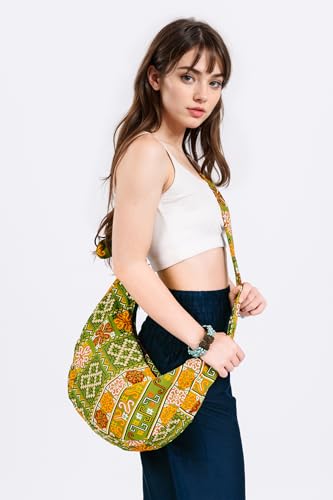 Image of Hobo Crossbody Bag for Women - Handmade Cotton Boho Purse with Wooden Ring | Lightweight Slouchy Shoulder Sling Tote Bag