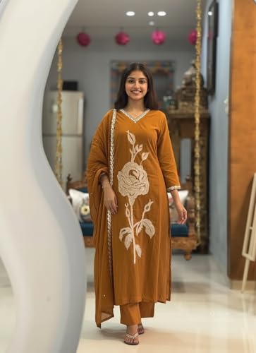 Image of ANNI Designer Women Rayon Viscose Straight Embroidered Kurta with Pant and Dupatta | 3 /4 Sleeve | V-Neck | Ethnic Kurta Set for Women