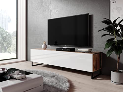 Furnix Meuble TV sur pieds - 12 cm - Meuble TV Zibo - 160 x 34 x 34 cm - Buffet bas - 2 étagères avec rabats - Autonome - Montage mural possible - Non nécessaire - Oldwood Blanc Cover