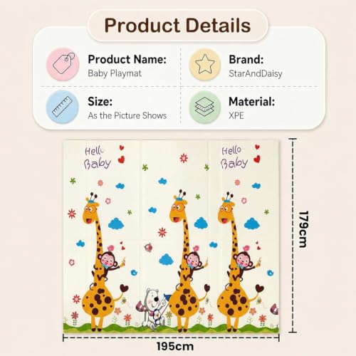 Image of StarAndDaisy Baby Floor Play Mat for Babies, Infants & Toddlers, Double-Sided Waterproof Play Mat, Reversible & Foldable Design (Giraffe, 6 * 5)
