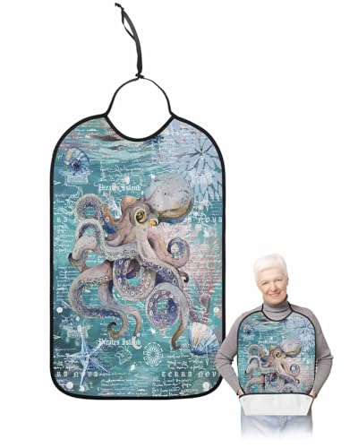 LEOKOTI Sea Octopus Adult Bibs for Eating, Waterproof Bibs with Food Catcher & Adjustable Snap Closure, Summer Beach Ocean Coastal Nautical Washable Clothing Protectors Adult Bibs for Elderly