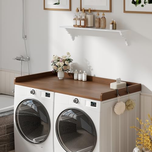 HOOBRO Washer Dryer Countertop, 54\"W x 27.6\"D, Wooden Laundry Countertop, Washer Dryer Topper with Raised Edges, 4 Hooks and 8 Anti-slip Pads, Laundry Room Organization, Easy Assembly, Walnut WL17XY01