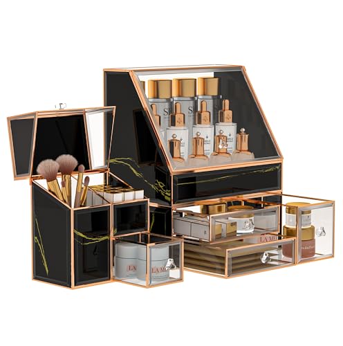 CoralHouse Makeup Organizer Black,Glass Vanity Organizer for Skincare, Perfume, Brushes